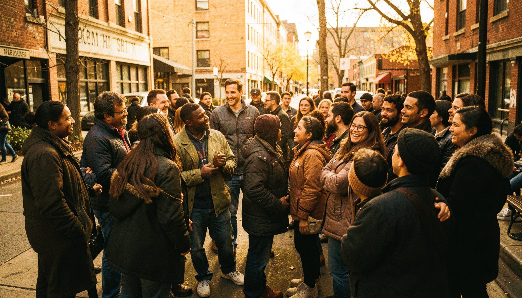 A wide documentary-style photograph of a diverse group of people gathered in a community space in Toronto, warm amber and deep brown tones, candid and supportive atmosphere